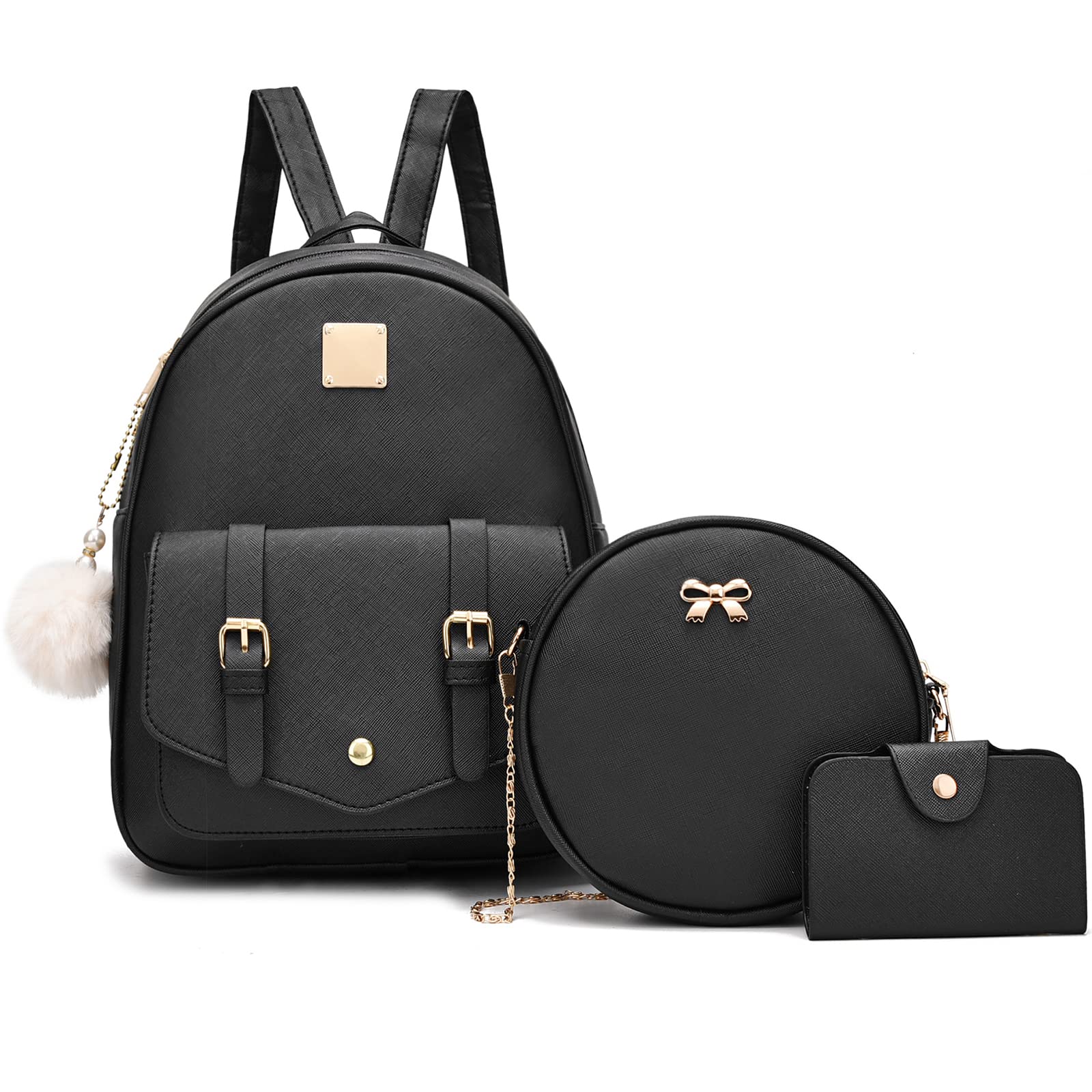 Photo 1 of I IHAYNER Girls 3-Pieces Fahsion Leather Backpack Purse Set for Women Rucksack for Ladies Satchel Shoulder Bag Bookbag for Teen Girls Black