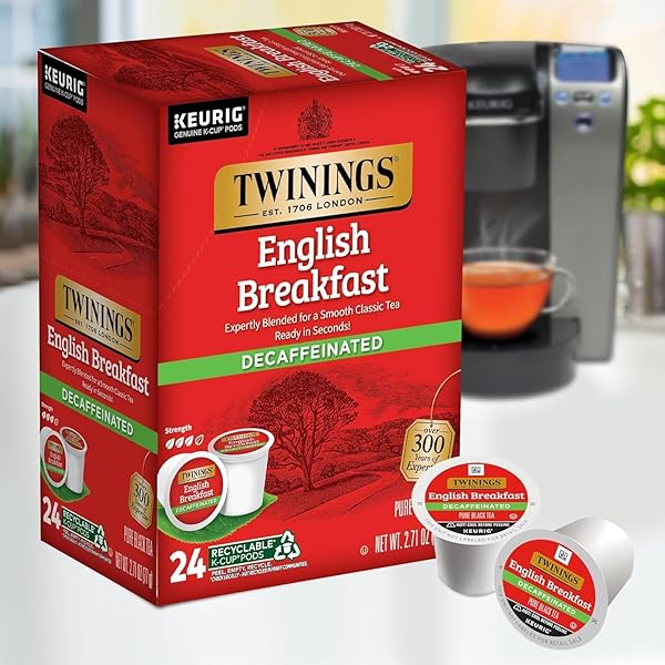 TWININGS DECAFFEINATED ENGLISH BREAKFAST BLACK TEA K-CUP PODS FOR KEURIG, 24 COUNT (PACK OF 1), SMOOTH, FLAVOURFUL, ROBUST, ENJOY HOT OR ICED