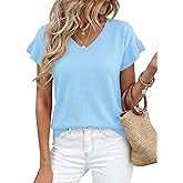 Cicy Bell Womens Ruffle Short Sleeve Sweater Summer Lightweight V Neck Knit T-Shirts Trendy Casual Pullover Tops