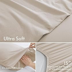 JOLLYVOGUE Bed Sheets Queen 4 Pieces, Beige Sheet