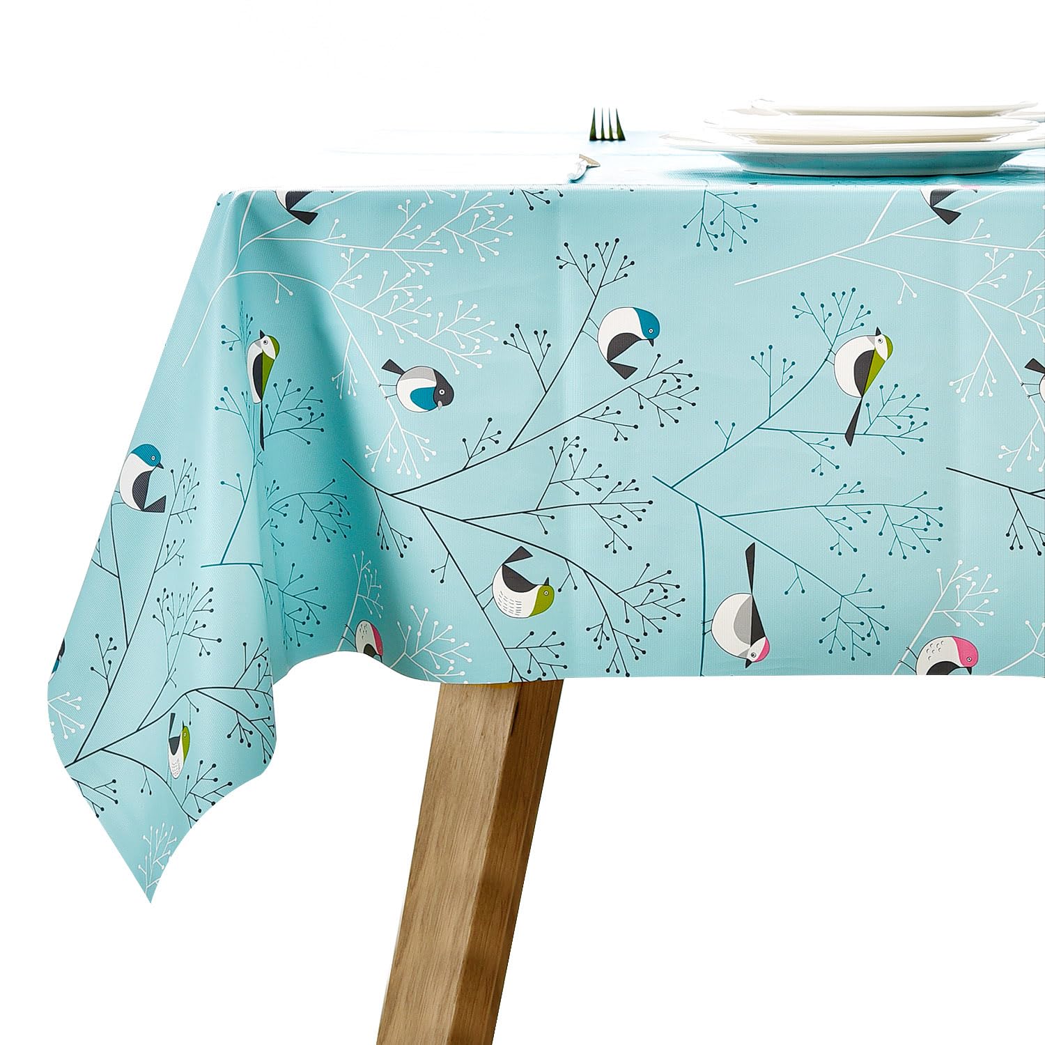 LOHASCASA Rectangular Vinyl Tablecloth Oil Cloth Plastic Peva Wipable Spill-Proof Heavy Duty Tablecloths Dining Teal Bird 54 x 78 Inch