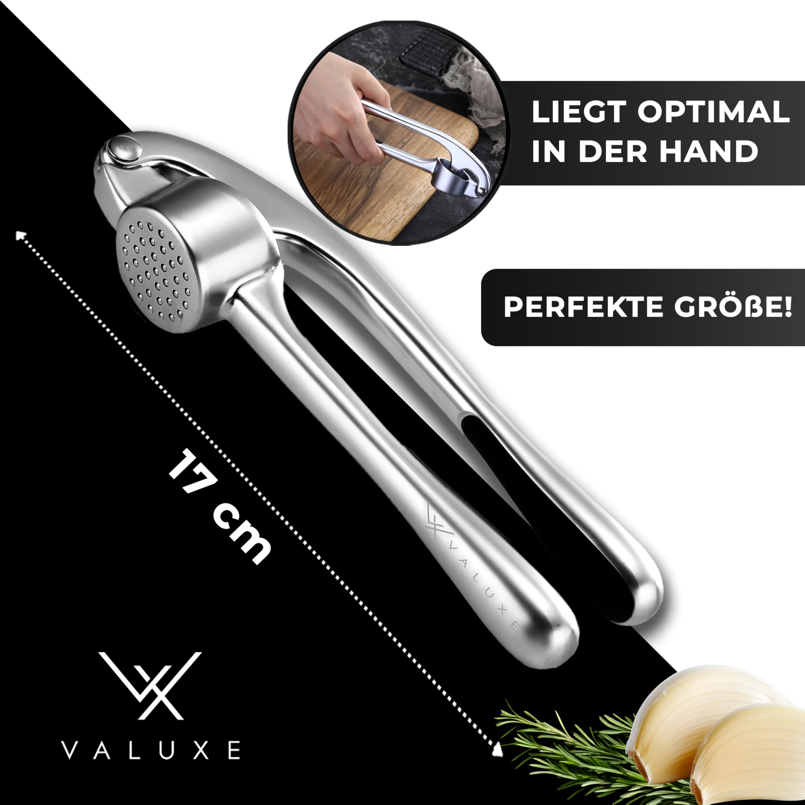VALUXE® Knoblauchpresse spülmaschinenfest mit kraftvoller Hebelwirkung - Praktische Knoblauch-Presse - Profi Garlic Press Crusher, Handpresse hochwertig & robust 2