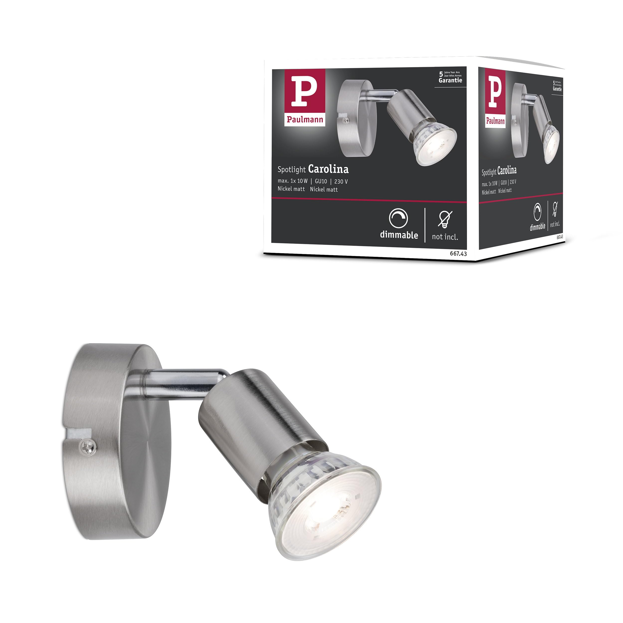 Paulmann 66743 Carolina Spotlight spot Without lamp Ceiling lamp max. 1x10 watts Nickel matt Metal GU10