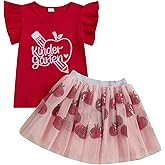 PUHHAPIEY Toddler Baby Girl First Day of School Outfits Ruffle Apple Kindergarten Ribbed Knit Shirt + Tulle Tutu Skirt Set