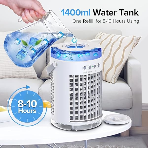 MINI EVAPORATIVE AIR COOLER,3-IN-1 PORTABLE SMALL AIR CONDITIONER AC UNIT WITH 1400ML WATER TANK,POWERFUL 3 SPEEDS 7 COLORS LED PERSONAL AIR CONDITIONER WI/TIMER(WHITE)