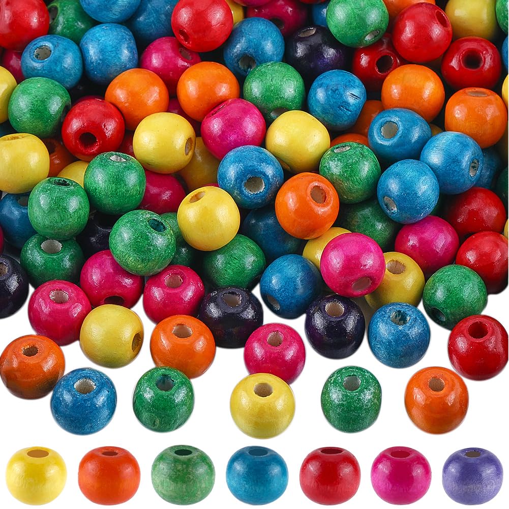 GORGECRAFT 200PCS Colorful Wood Beads 14MM Round Natural Bulk Assorted Color 4MM Large Hole Bead Painted Wooden Spacer Loose Ball for Gemstone Bracelets Making DIY Craft Project Party Decoration