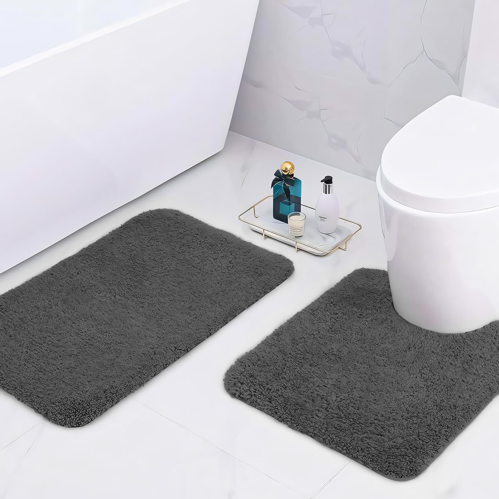 wyewye Microfibre Bath Mats, 2cm Super Thick Bath Rugs, Super Absorbent Bathroom Rugs 50x80cm and 50x50cm U-shape, Deep Grey
