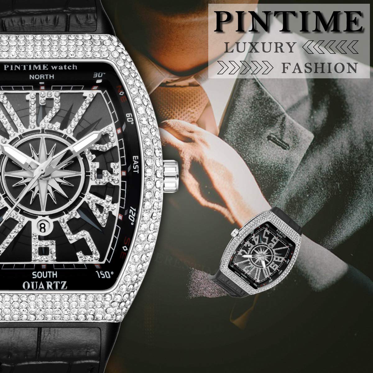 PINTIME Luxury Mens Crystal Diamond Watch Tonneau Fashion Bling Iced Out Waterproof Quartz Analog Wrist Watch Men Leather Strap Hip Hop Rapper, Silver Black Black Band, Luxury Wrist Watch, Silver