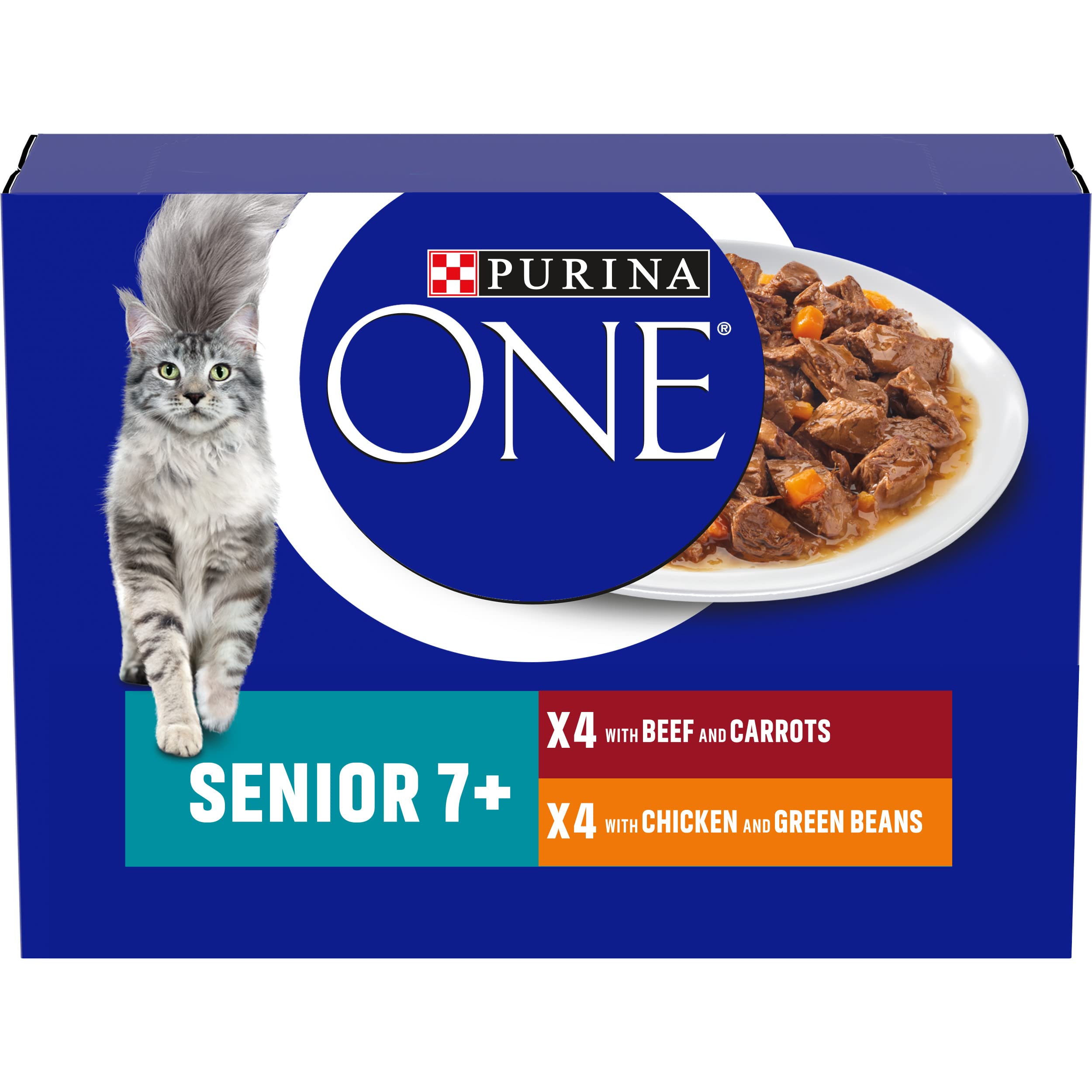 Purina ONE Senior 7+ Cat Food Chicken and Beef, 8 x 85g, transparent