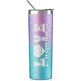 Onebttl Volleyball Gifts for Teen Girls & Team, Stainless Steel Kids Volleyball Tumbler, Double Wall Vacuum Insulated Bottle with Lid and Straw 20oz - Love at first Spike (Glitter Purple Blue)
