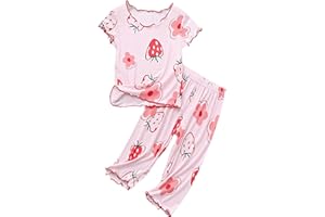 Baby Girl Cotton Summer 𝐏ajamas Set 2Pcs Short Sleeve Shirt Shorts 𝐏js Ruffle Cute Sl𝐞epwear Strawberry Print Outfits