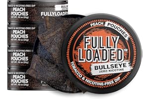 FULLY LOADED BULLSEYE Fully Loaded Chew - 5 Pack - Tobacco and Nicotine Free Peach Pouches. Tobacco Free dip & Pouches Help Quit Dipping, Quit Chewing.Herbal dip to Replace Snuff, chew, dip and smokeless Tobacco.