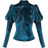 Nuoqi Victorian Blouse for Women Long Sleeve Bow Tie Blouse Vintage Velvet Top