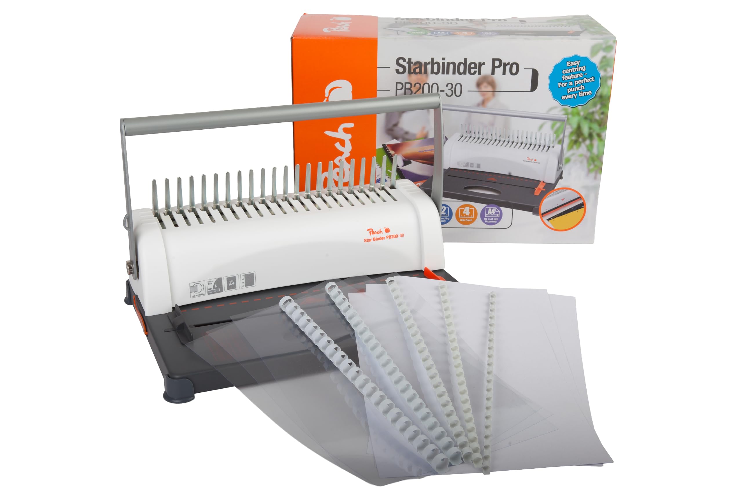 Peach PB200-30A Plastic Binding Device | Star Binder Pro - DIN A4 | Price/Performance Winner | Binds 350 Sheets | Max. 38 mm Binding Spine, 12 Sheets Punching Capacity, incl. Starter Set