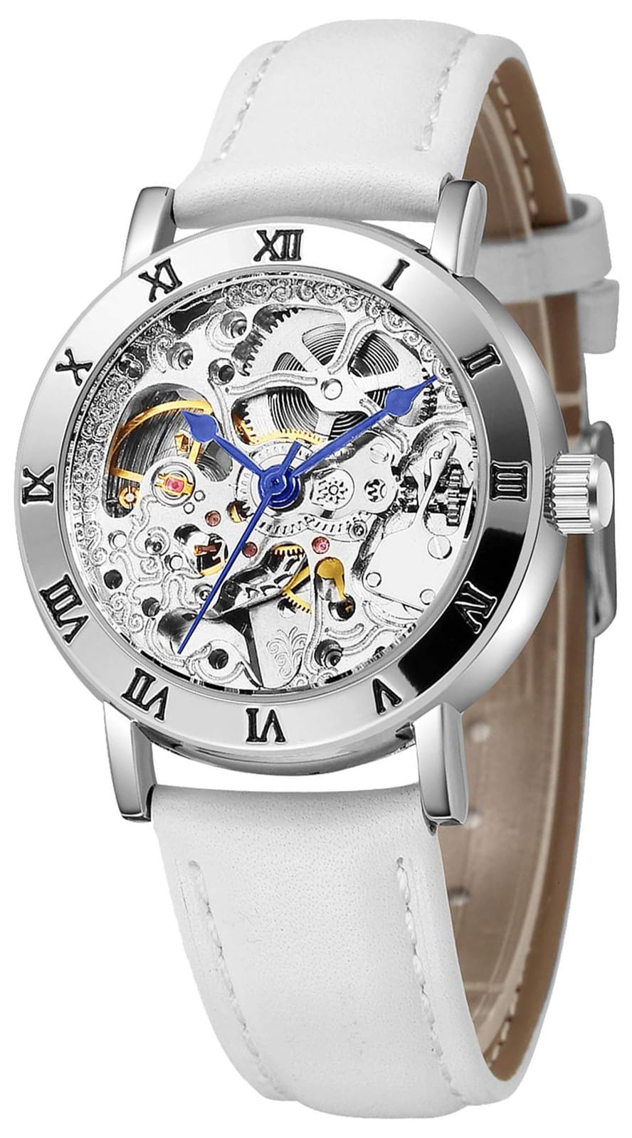 MASTOP Women's Watches Automatic Steampunk Self Winding Mechanical Silver Bracelet Ladies Skeleton Wrist Watch, red, Fashion