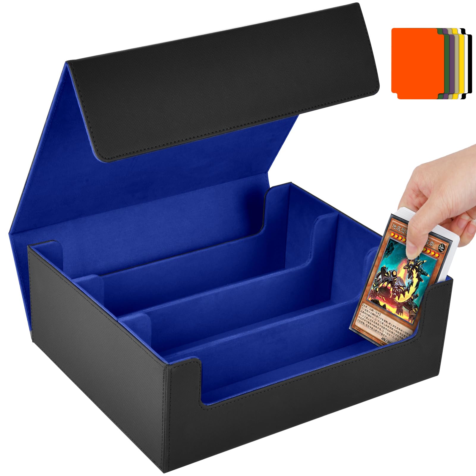 Aolso Card Storage Box for Trading Cards, 1800+ PU Leather Commander Deck Case With 8 card dividers, Storage Box, Magnetic Closure Card Holder for Magic Game Cards (Black&Blue)