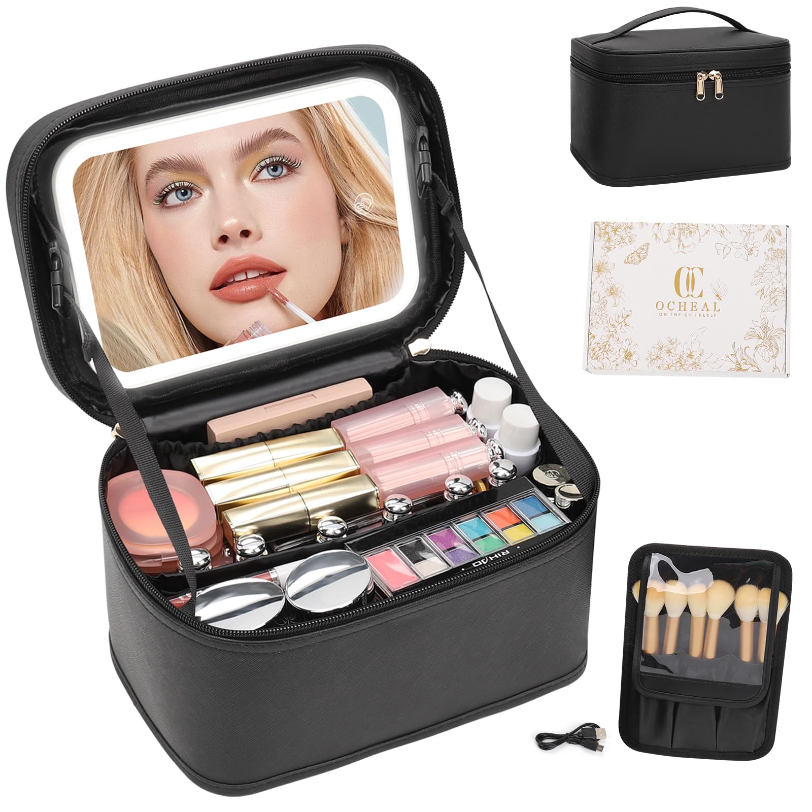 Photo 1 of OCHEAL Makeup Bag With LED Mirror, Travel Makeup Bag With 3 Color Setting Light Up Mirror Cosmetic Makeup Organizer Vanity Case for Women Beauty Tools Accessories Rechargeable Makeup Travel Bag-Black