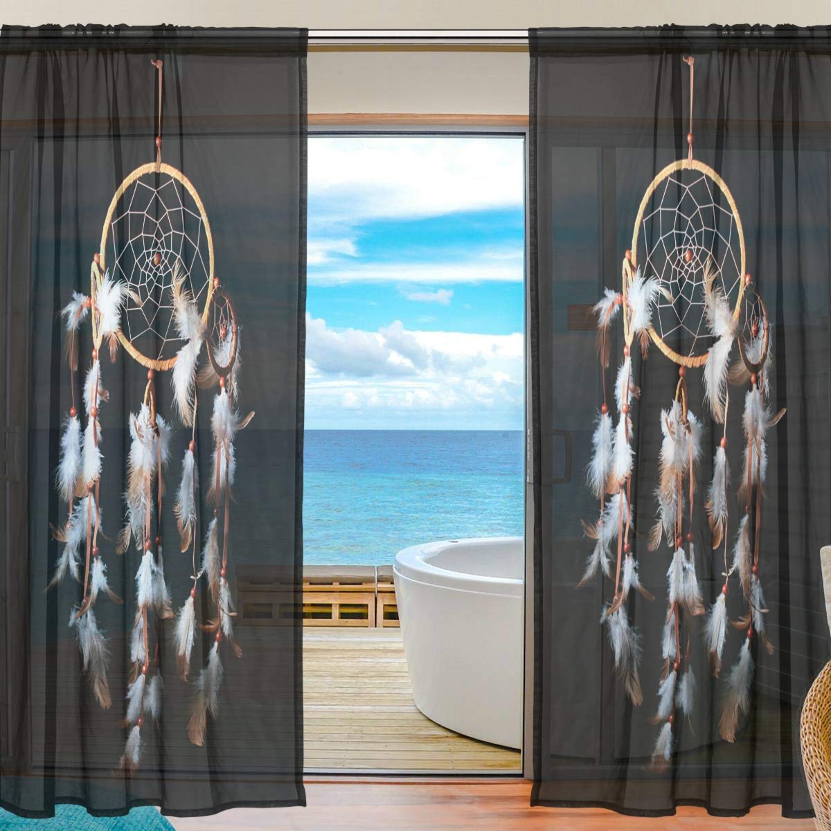 ISAOA Dreamcatcher Black And White Feathers Fashion 2 PCS Tulle Sheer Curtain Window Sheer Curtain Panel Voile Door Sheer Curtains for Bedroom Living Room Home Decor,55x78 inches