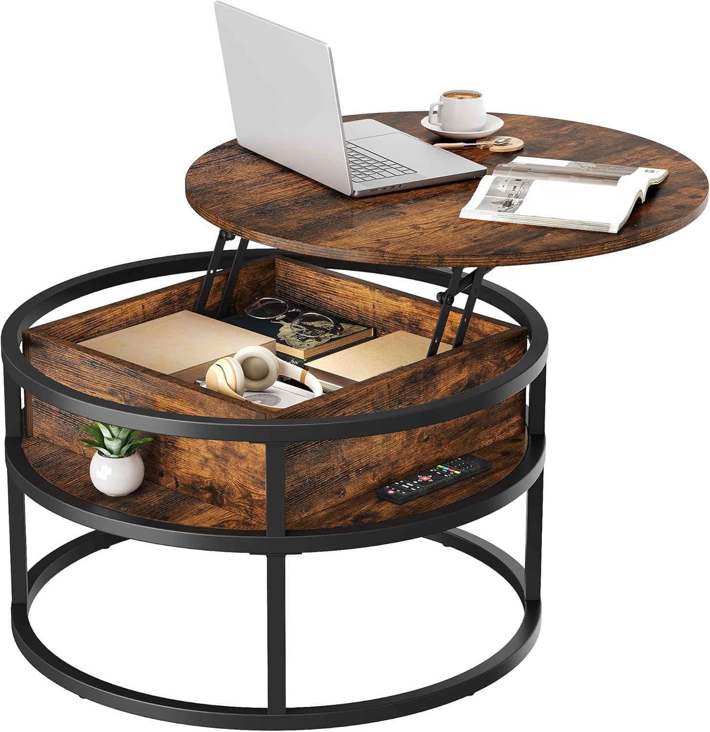 YITAHOME Couchtisch Rund mit Hebeplatte, Wohnzimmertisch mit verstecktem Ablagefach, Beistelltisch Rund mit Stauraum für Home Office, Runder Mitteltische Wohnzimmer