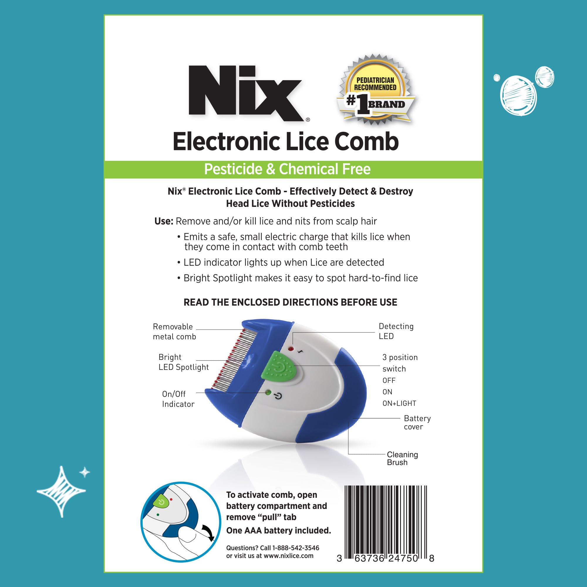 Nix Electronic Lice Comb, Effective Lice Treatment without Pesticides or Chemicals, 1 Count