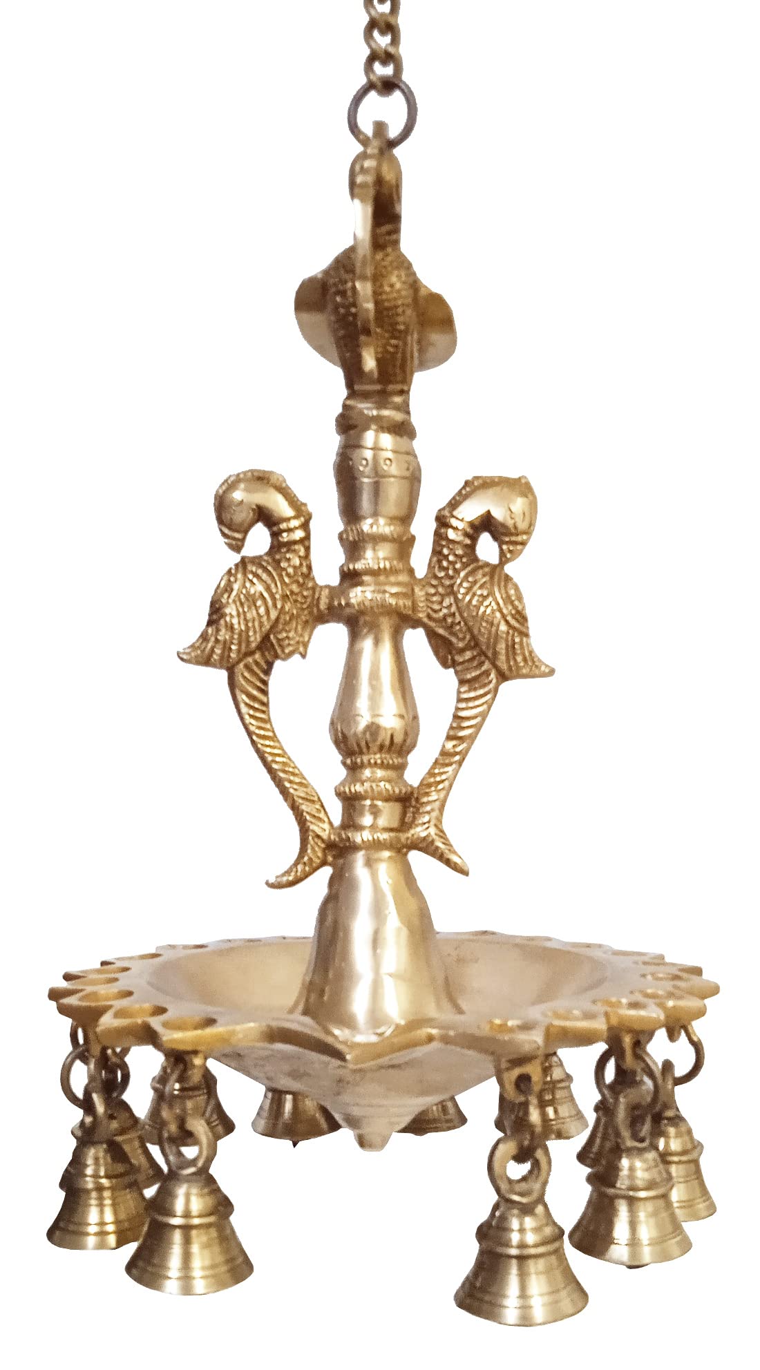 Purpledip Brass 21 Hanging Diyas-Bells In Twin Peacock Design: Solid Brass Metal Heavy Lamp (10720)