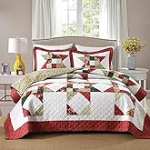 camandy Cotton Quilt Bedding Sets 3 Pieces Soft Reversible Coverlets Luxury Star Real Patchwork Bedspread, Red White, Queen Size
