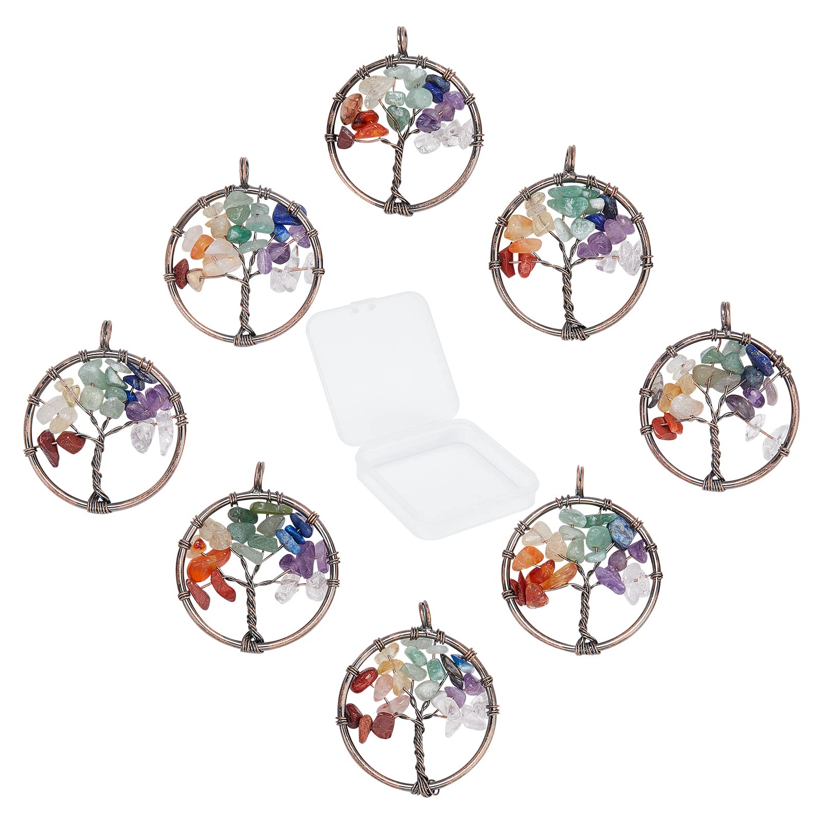 SUNNYCLUE 8Pcs Tree Life Pendant Quartz Crystal Gemstone Pendant Flat Round with Tree of Life Charm Pendants Findings Hole for Jewelry Bracelet Chakra Necklace Making, Red Copper