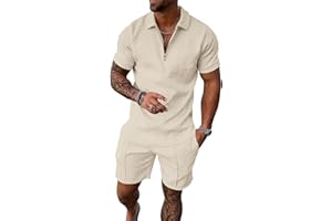 UOUA Men's 2 Piece Summer Polo & Shorts Set Quarter Zip Track Suit for Golf Lounging Casual Outfits