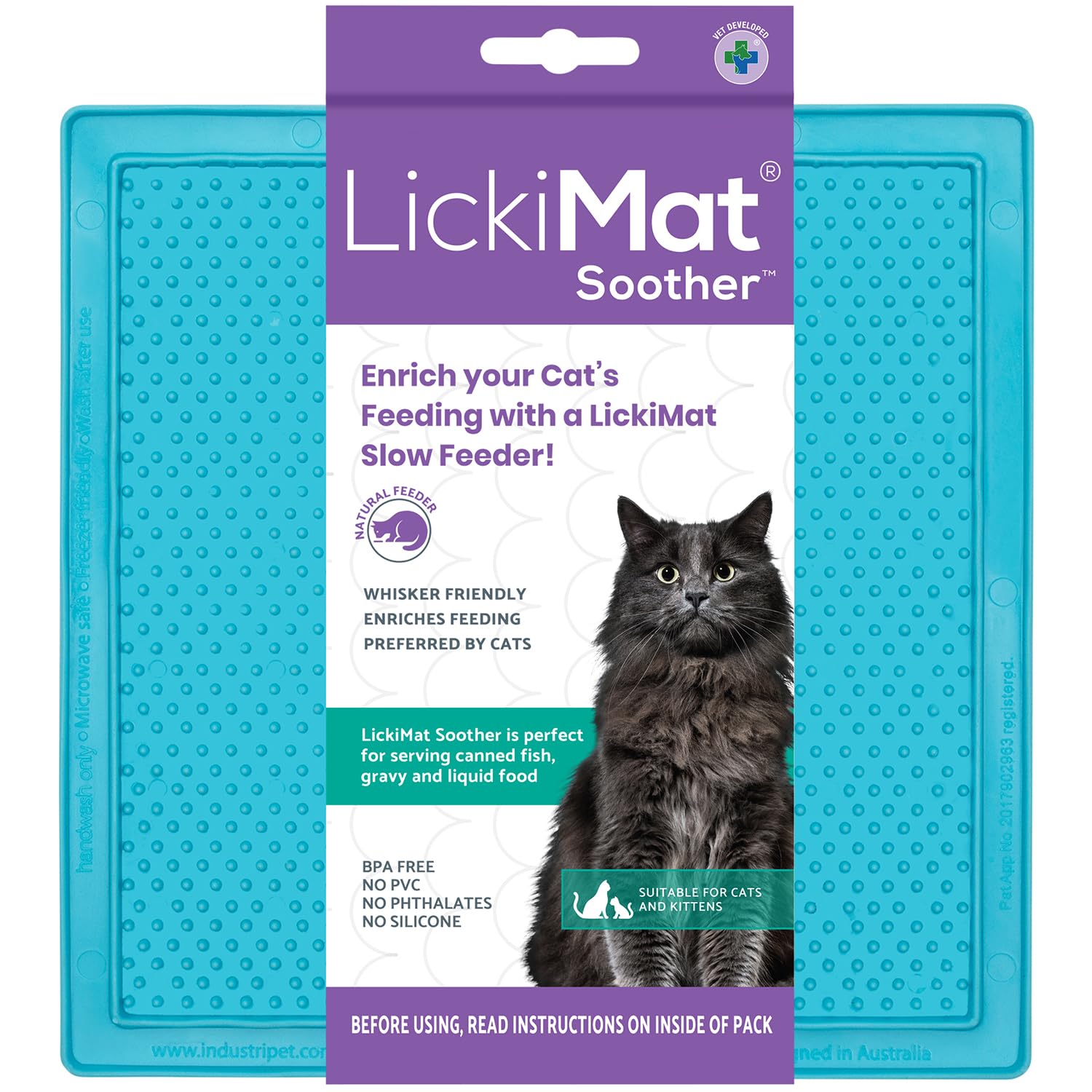 LICKIMAT Classic Soother Cat Slow Feeders Lick Mat, Boredom Anxiety Reducer; Perfect for Food, Treats, Yogurt, or Peanut Butter. Fun Alternative to a Slow Feed Cat Bowl or Dish, Turquoise
