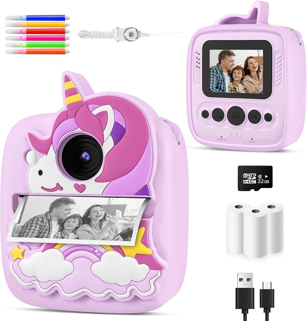 YKSLEMON Kids Camera Instant Print 48MP 1080P Video 32GB Card Unicorn Cover