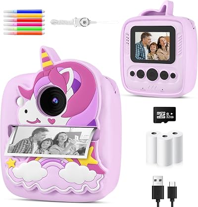 YKSLEMON Kids Camera Instant Print 48MP 1080P Video 32GB Card Unicorn Cover