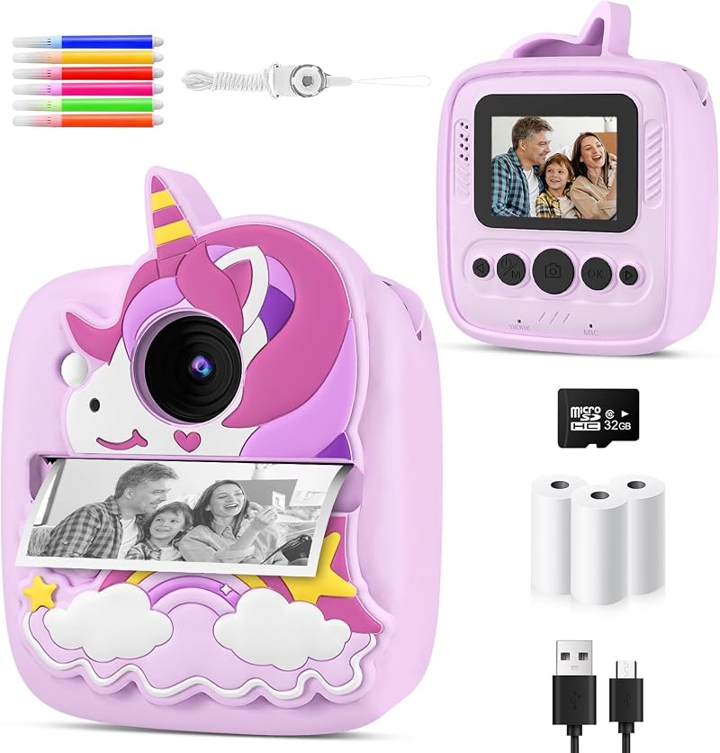 YKSLEMON Kids Camera Instant Print 48MP 1080P Video 32GB Card Unicorn Cover