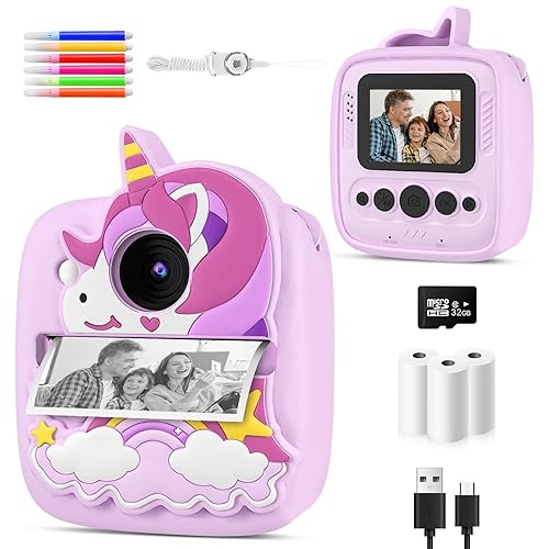 Kids Camera Instant Print, 48MP & 1080P HD Kids Digital Camera with 32GB SD Card, 3 Rolls Paper & Unicorn Silicone Cover, Birthday Presents for 3 4 5 6 7 8 9 Year Old Boys Girls