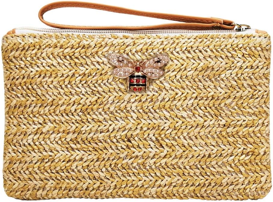 VVYDKYJYJYF Wallet Straw Bag Casual Woven Clutch Bag Handbag Summer Beach Bag Mobile Phone Pocket Beige bee