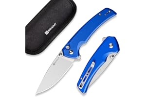 SENCUT Button Lock Pocket Knife for EDC, Serene Folding Knife, Thumb Stud & Flipper Opener, Aluminum Handle with 3.48" D2 Black Stonewashed Blade for Outdoor, Camping, Hunting S21022B-4 (Bright Blue)