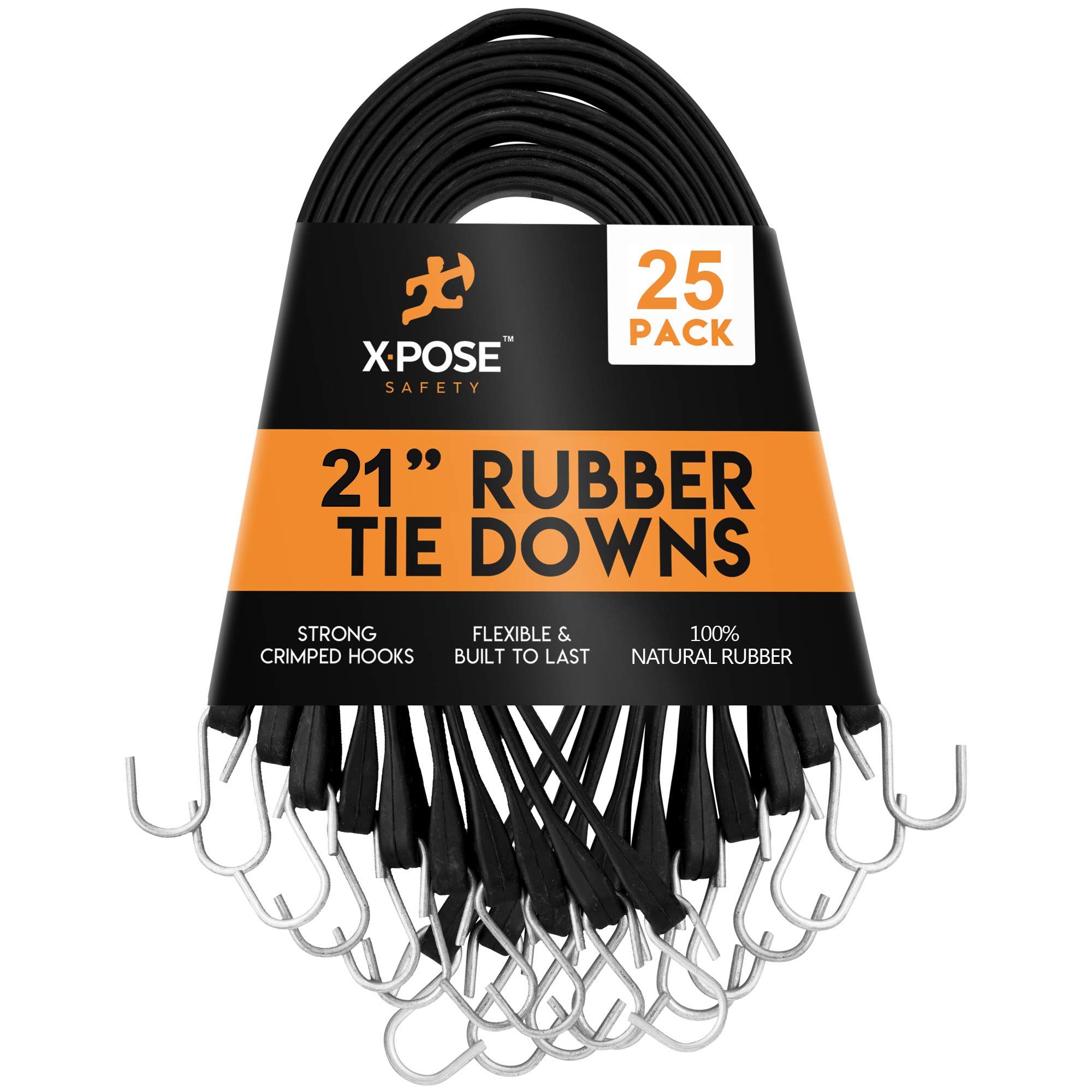 Rubber Bungee Cords with Hooks 25 Pack 21 Inch (32” Max Stretch) Heavy-Duty Black Tie Down Straps for Outdoor, Tarp Covers, Canvas Canopies, Motorcycle, and Cargo - by Xpose Safety