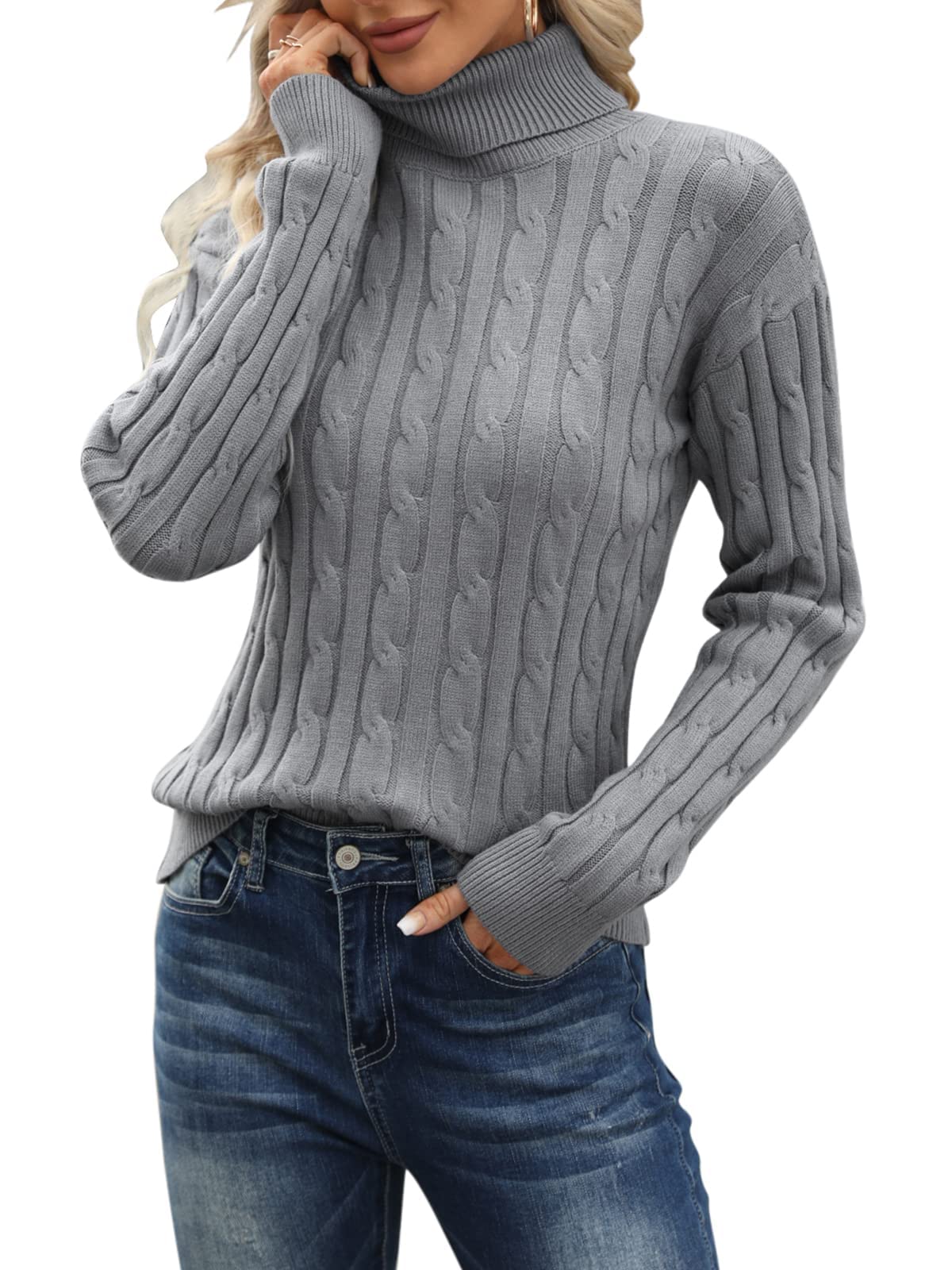 Esobo Women's Long Sleeve Turtleneck Cozy Cable Knit Fall Sweater Casual Pullover Jumper Tops (Grey,Small) Image