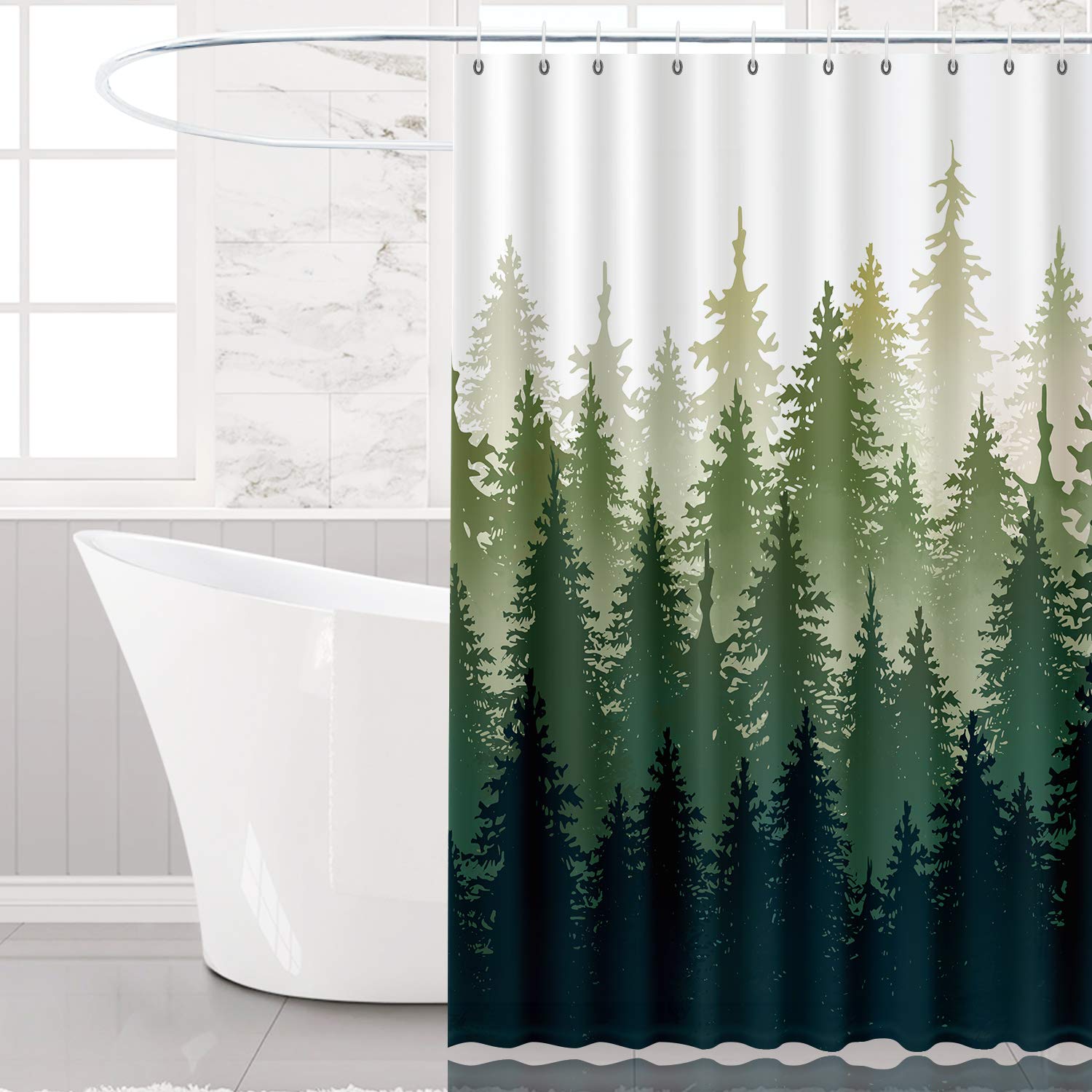 joyfeelife Fabric Shower Curtain Set Waterproof Bath Curtain for Bathroom Showers Bathtubs Home Decor with 12 Hooks, 71x71 Inch (Green Forest, 71x71 inch)