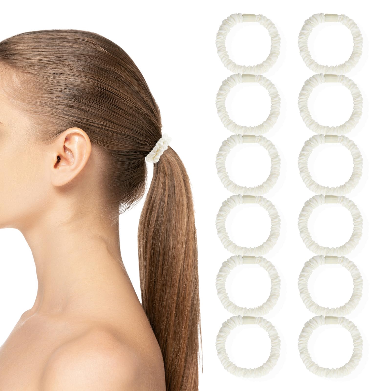 12 Pcs Satin Hair Scrunchies Silk Hair Scrunchies Elastic Christmas Hair Bands Ties for Women Girls Skinny Satin Silk Hair Bobbles for Thin Thick Curly No Damage Accessory Xmas Gifts, White