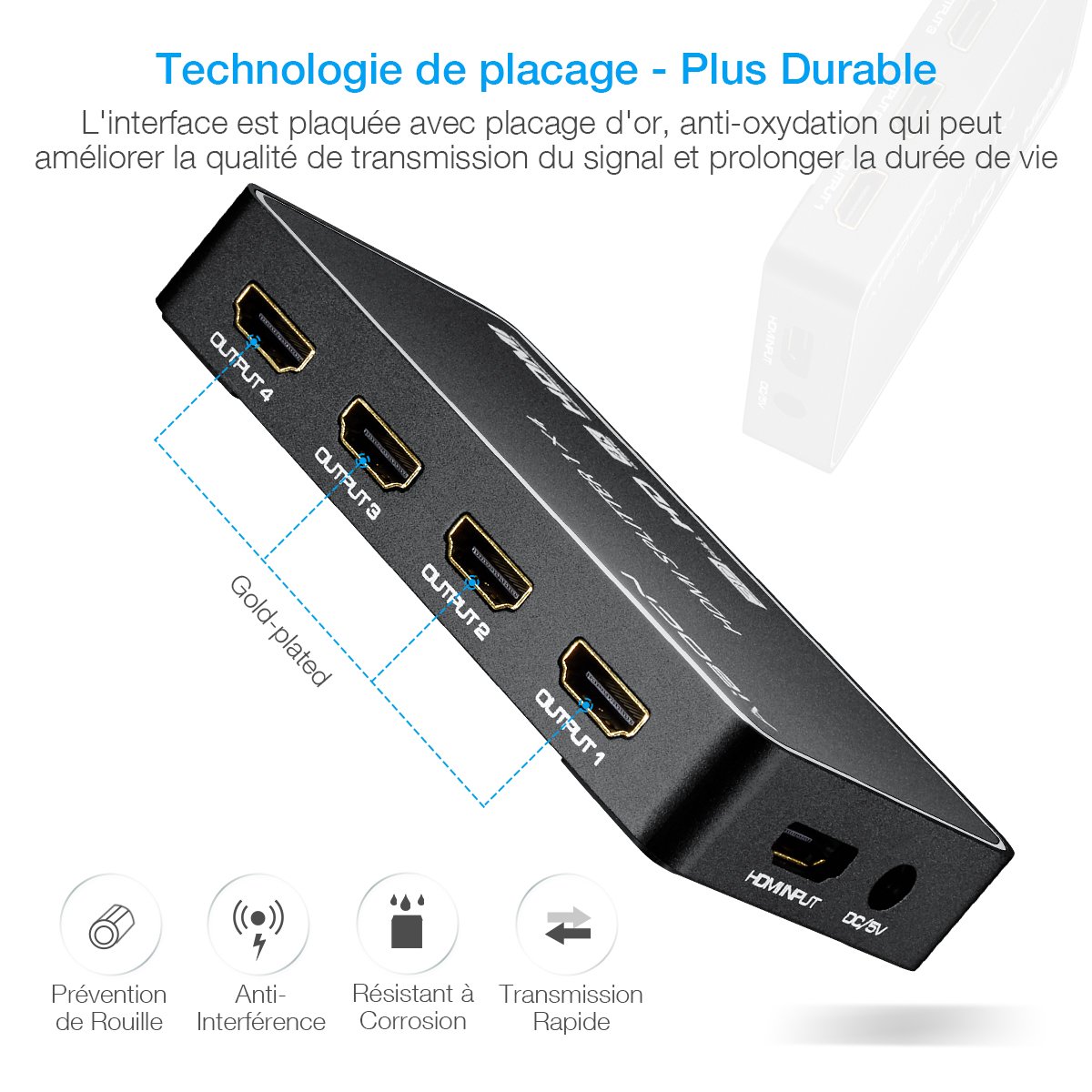 EBL HDMI Splitter Répartiteur Commutateur 4 Ports (Supporte 3D 4K, 2K, PC, Macbook, Notebook, Lecteur Blu-ray, TV HD, DVD HD, Moniteur, Projecteur, Audio) - Noir