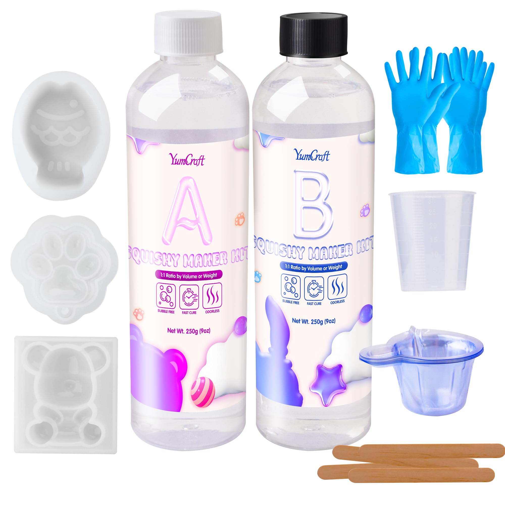 Photo 1 of 18OZ/500G Silicone Rubber for Making Taba Squishy, Super Soft & Fast Cure Liquid Silicones, Perfect DIY Stress Relief Entertainment, Custom Mold: Cat Paw + Fish + Bear(Transparent)