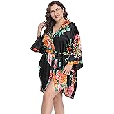 Women's Plus Size Floral Silky Robes Bride Bridesmaid Short Satin Bathrobe Kimono Loungewear Dressing Gown