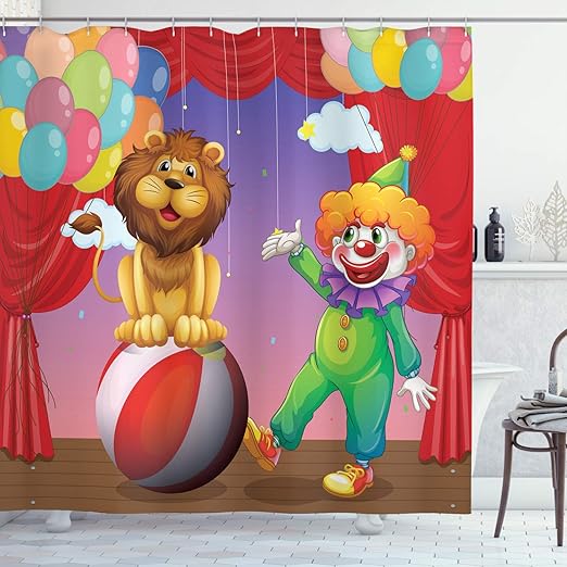 Amazon Com Ambesonne Circus Decor Shower Curtain Set A Lion And A Clown At The Circus Stage Theater Curtain Playing Performance Bathroom Accessories 84 Long Extra Home Kitchen