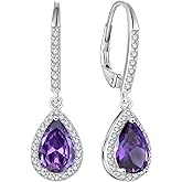 FJ Teardrop Dangle Drop Earrings 925 Sterling Silver Halo Leverback Earrings Birthstone Jewelry Gifts for Women