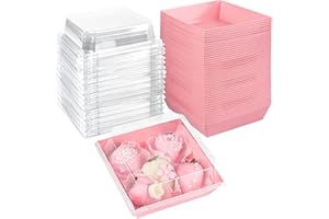 Ocmoiy Pink Charcuterie Boxes with Clear Lids 4x4 Inch, 100 Pack Square Kraft Bakery Cake Slice Boxes with Window, Dessert To Go Containers (100)