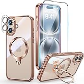 Yondcd [Tri-Shield Protection] for iPhone 16 Case with 360° Spin Stand Compatible with MagSafe [Magnetic CD Ring] [Screen & Camera Lens Protector] Shockproof Plating Never-Yellowing, Desert Gold-6.1"