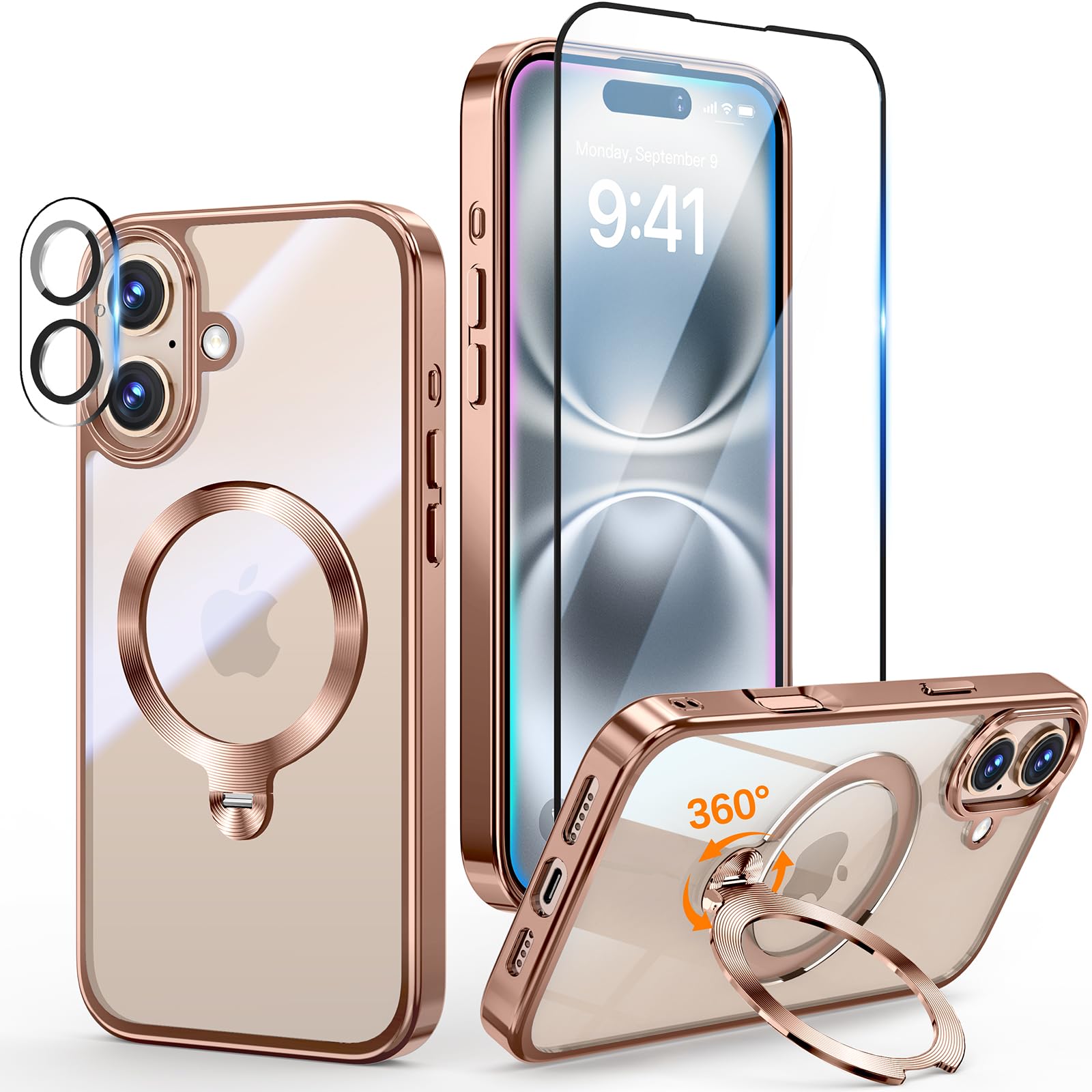 Photo 1 of [Tri-Shield Protection] for iPhone 16 Plus Case with 360° Spin Stand Compatible with MagSafe [Magnetic CD Ring] [Screen & Camera Lens Protector] Shockproof Plating Never-Yellowing, Desert Gold-6.7"
