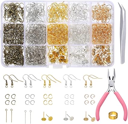 Amazon.com: PP OPOUNT 1538 piezas ganchos para aretes, kit de suministros con ganchos para pendientes, poste de pendientes, alicates de anillos, pinzas, abridor de aros para hacer aretes y reparación de aretes (