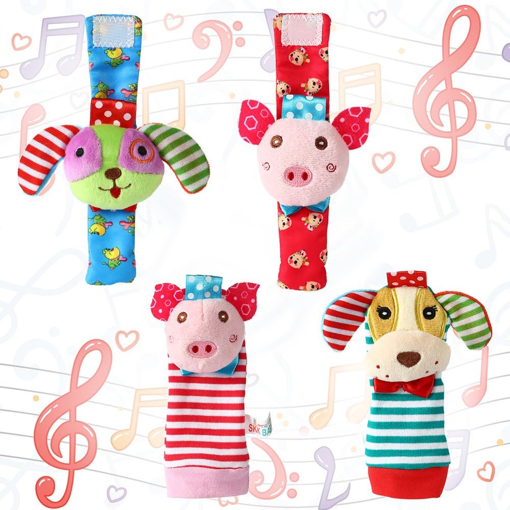 Acekid Baby Foot Rattle,4pcs Wrist Rattle and Socks Toys Set Toddler Soft Animal Toys Pig and Dog
