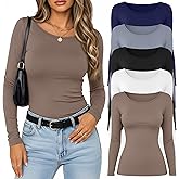 Velvelhall 5 Pack Women's Long Sleeve Shirts Scoop Neck Tops Slim Fit Stretchy Undershirts Casual Base Layer Multipack
